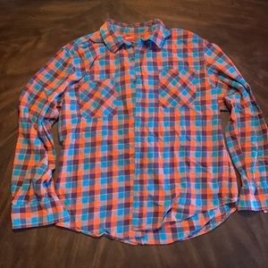 Arizona Mens Size Large Blue and Orange Stripe/checkered Button Long Sleeve